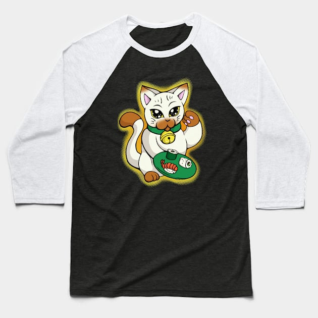 Lucky Sushi Cat Baseball T-Shirt by jellysoupstudios